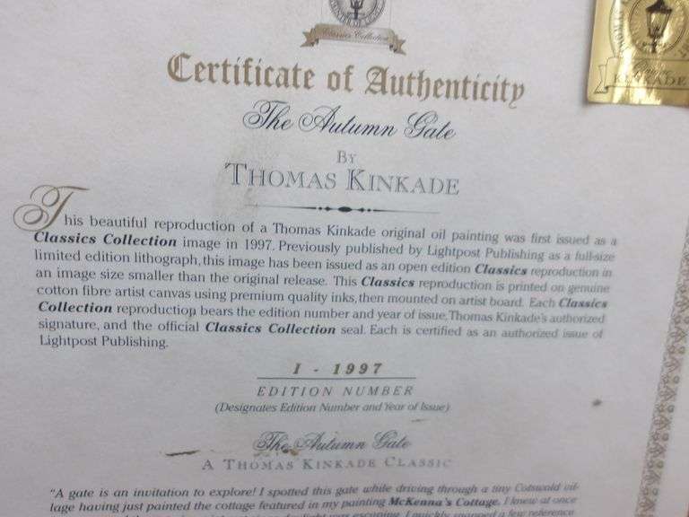 $ Gorgeous "The Autumn Gate" Oil Painting on Canvas by Thomas Kinkade 20.5" x 17.5" w/Certificate of Authenticity! (15A)
