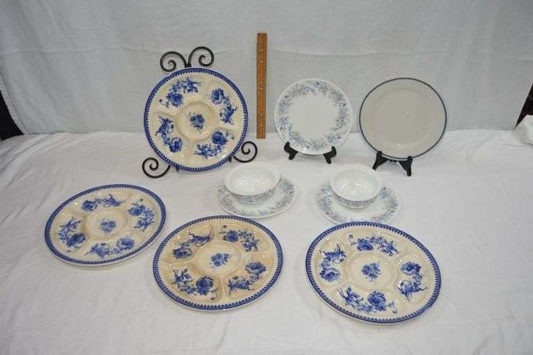 ASSORTED OLD DISHES: FLOW BLUE DIVIDED PLATES MARKED VILLEROY & BACH METTLACH SAAR-BASIN, FEW STAINS. FRED HARVEY BLUE CHAIN PLATE, PLATES MARKED WEDGWOOD BONE CHINA ENGLAND