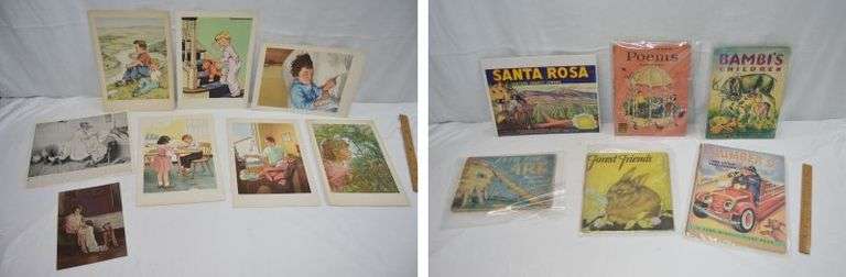 CHILDREN'S BOOKS FROM THE '40s & '50s, SPINES HAVE DAMAGE. EXCELLENT LEMON CRATE LABEL COPYRIGHT 1927 & 6 NICE LITHOGRAPHS FROM '57 TO '60. THERE ARE SONGS ON THE BACK & SAYS THEY WERE PUBLISHED BY THE SUNDAY SCHOOL BOARD OF THE  SOUTHERN BAPTIST CONVENTION