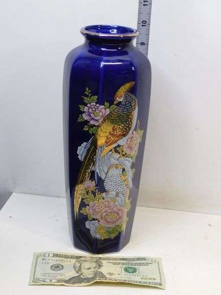 Japanese Blue Ceramic Vase With Gold Leaf- Peacock, & Flowers