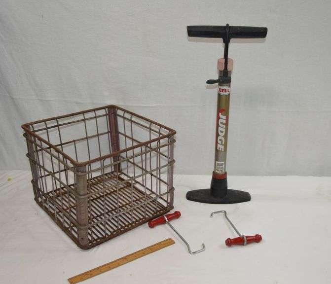 IRON MILK CRATE, TIRE/BALL PUMP AND BOOT PULLERS