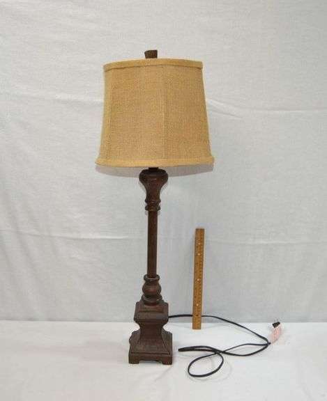 WOODEN LAMP WITH BURLAP SHADE