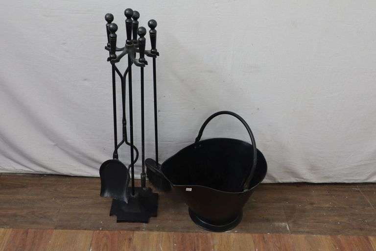 Wrought Iron Fireplace Tool Set & Ash Bucket! (RD)
