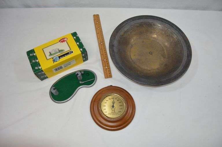 GOLF THEMED CARD HOLDER, METAL BOWL & VINTAGE THERMOMETER