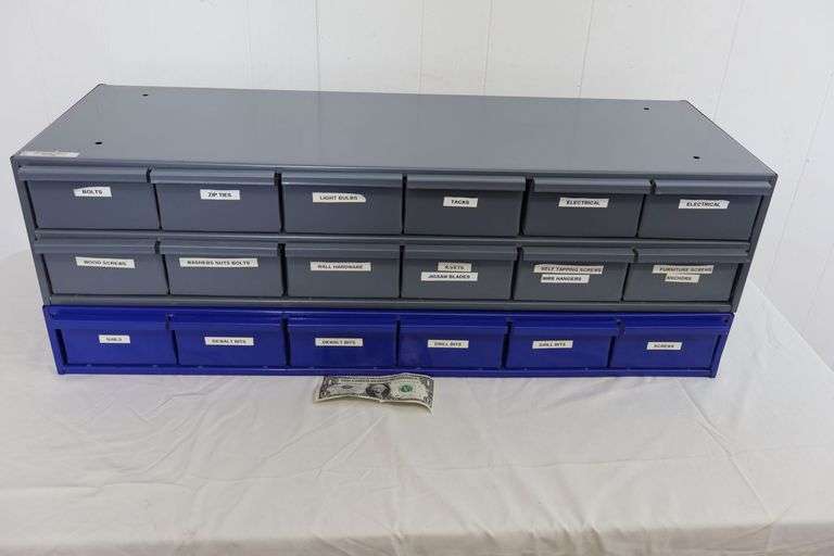 Lot of TWO Sets of Steel Storage Drawers AND Contents!! (RD)