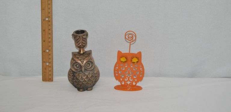 VINTAGE BRASS OWL CANDLE HOLDER & ORANGE OWL CARD HOLDER