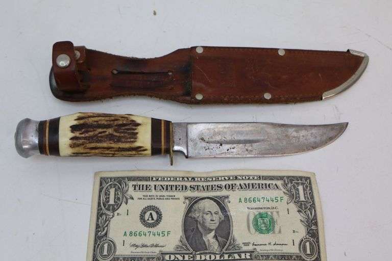 NICE Vintage Edge Mark German Stag Handle Knife w/Matching Sheath! (DC)