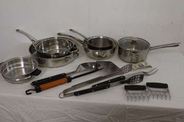 Nice Lot of Assorted Kitchen/Grilling Utensils AND Assorted Stainless Steel Pots & Pans! (7D)