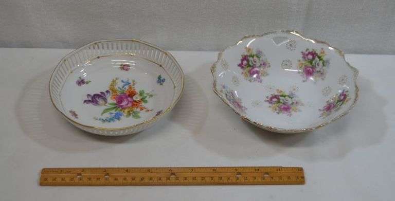 2 BEAUTIFUL FLOWERED BOWLS. ONE IS MADE BY BAVARIA IN GERMANY, HAS PIERCED EDGES. BOTH IN GOOD SHAPE