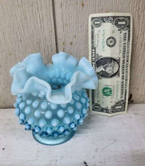 Fenton Blue Glass Squat Vase. ~ cash only ~ . (1A)