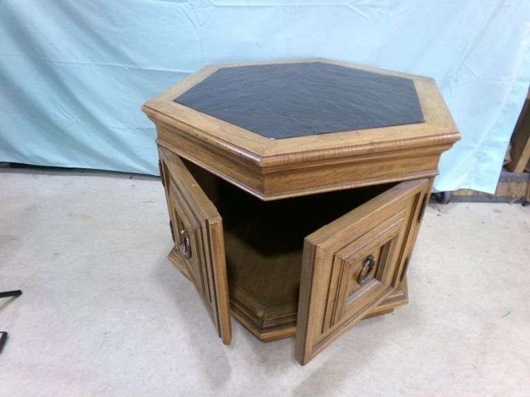 Vintage hexagon end table w/ stone top matches lot 20 - 26x26x21"