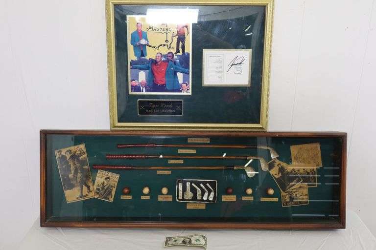 Neat Large Golf History Shadow Box AND Tiger Woods Masters Commemorative Plaque w/Autograph Score Card! (16B)