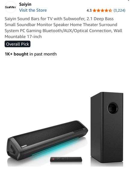 NEW 17" Bluetooth Soundbar Surround Sound Set w/Subwoofer & Remote! (1C)