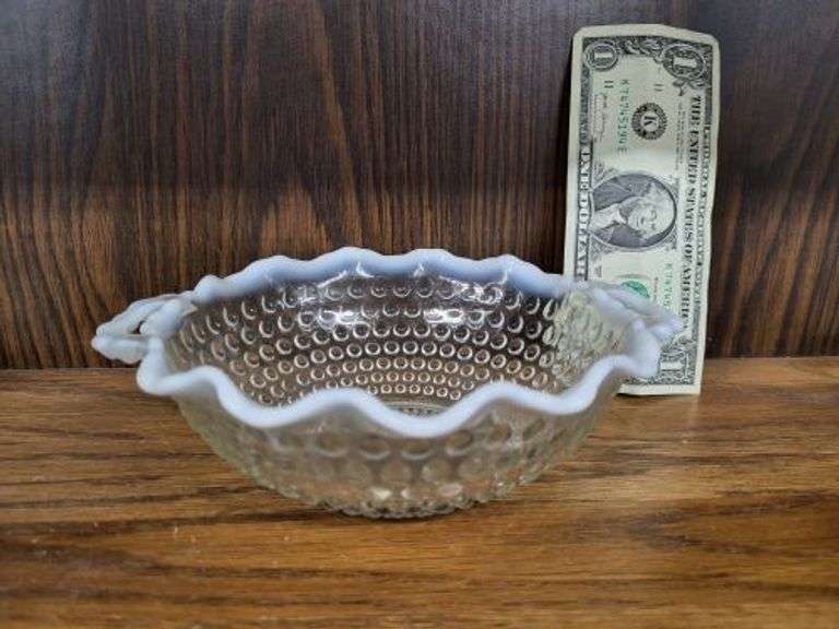 Double Handle Moonstone Rim Glass Dish. ~ cash only ~ .  (1A)