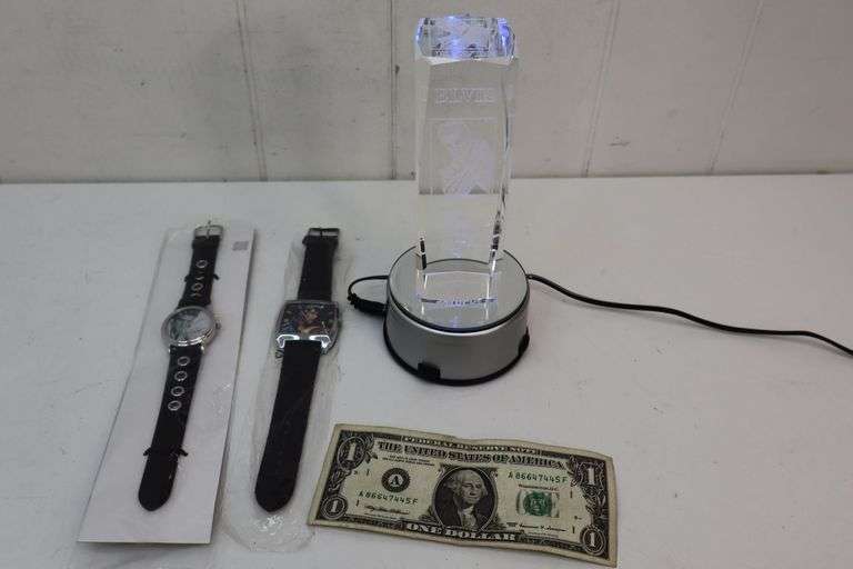 Neat Laser 3D Elvis Crystal w/Lighted Stand & TWO Elvis Collector's Watches! (9C)
