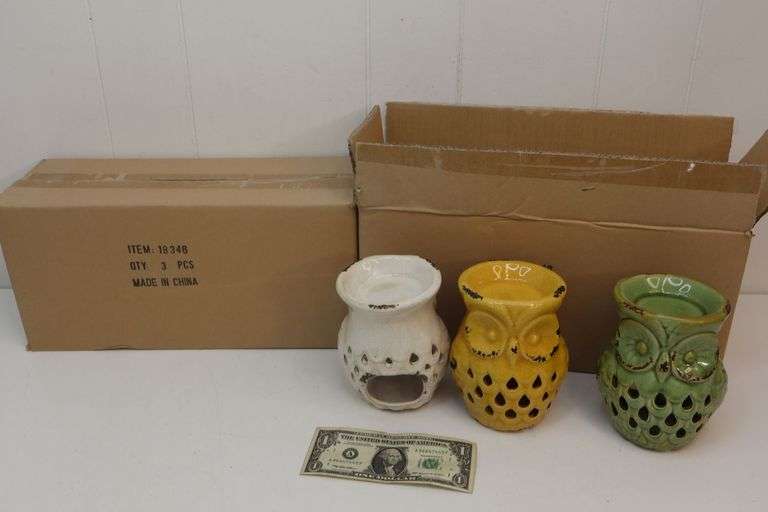 NEW Lot of TWO Ceramic Owl Tealight Wax/Oil Warmer 3-PIECE Sets! (4C)
