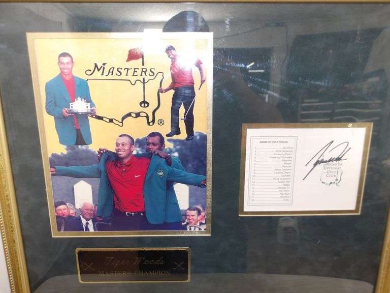 Neat Large Golf History Shadow Box AND Tiger Woods Masters Commemorative Plaque w/Autograph Score Card! (16B)