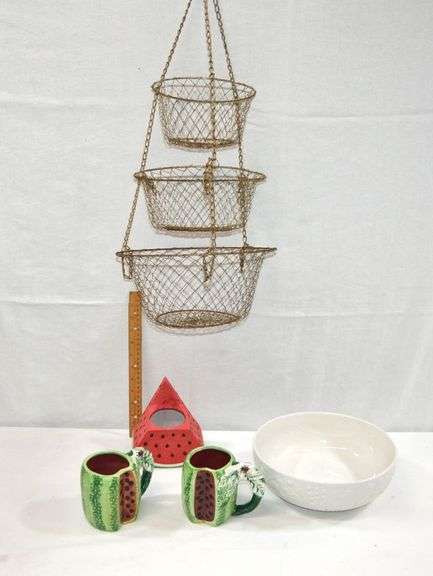 HANGING FRUIT BASKET, WATERMELON CUPS & VASE & LARGE MILK GLASS BOWL