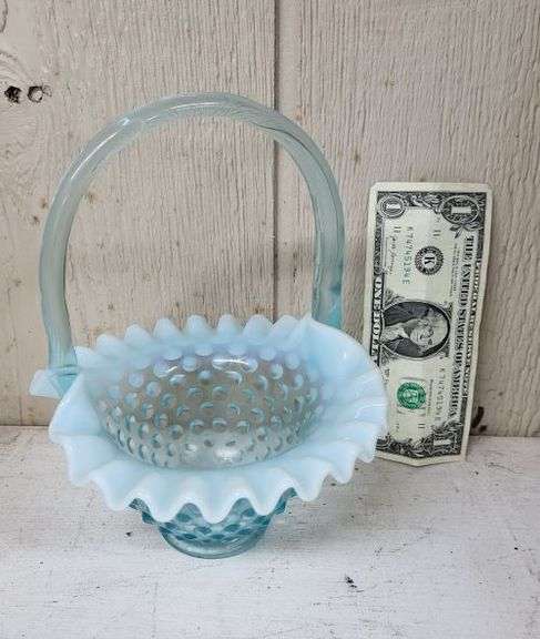 Fenton Aqua Ruffle Edge Glass Basket. ~ cash only ~ .  (1A)