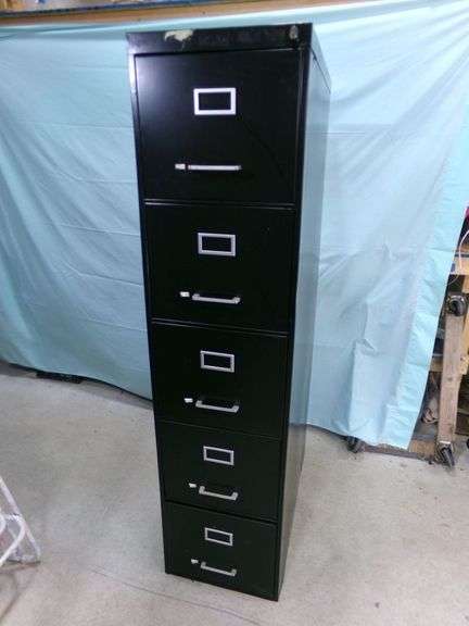 5 drawer black metal filing cabinet w/ hanging filings (No Key) - 15x29x60"