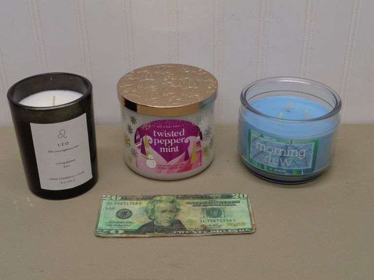 3 NEW Candles, Twisted pepper Mint, Morning Dew, and Leo.