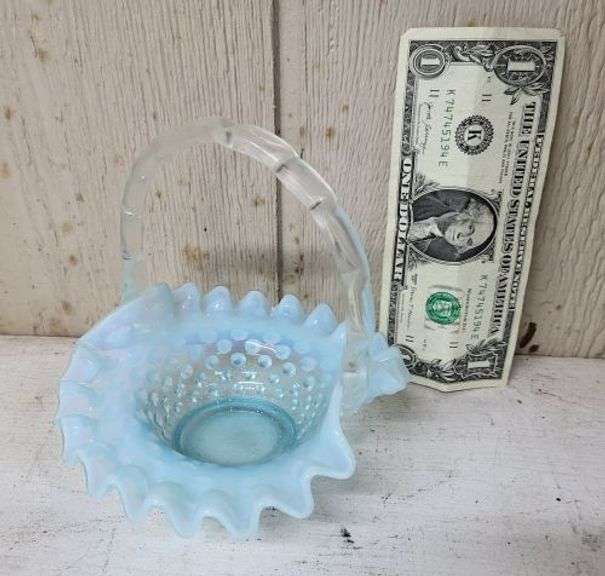 Fenton Blue Opalescent Hobnail Basket. ~ cash only ~ . (1A)