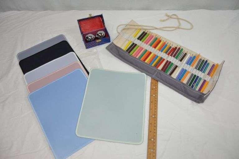 MOUSEPADS, COLORED PENCILS & VINTAGE STRESS RELIEF/MEDITATION BALLS