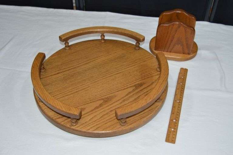 VINTAGE WOODEN LAZY SUSAN & WOODEN NAPKIN HOLDER