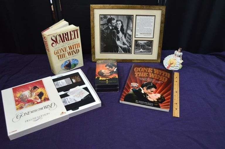 GONE WITH THE WIND BOOKS, VHS TAPES, FIGURINE & FRAMED PICTURE