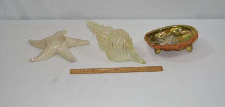 ABALONE SEASHELL BOWL W/LUCITE FEET, STARFISH CANDLE HOLDER & DECORATIVE CONCH SHELL