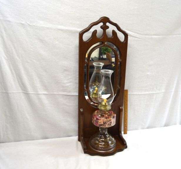 HANGING WOODEN MIRRORED SHELF WITH OIL LAMP DÉCOR