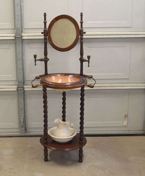 VINTAGE WOODEN WASH BASIN WITH BOWL & PITCHER