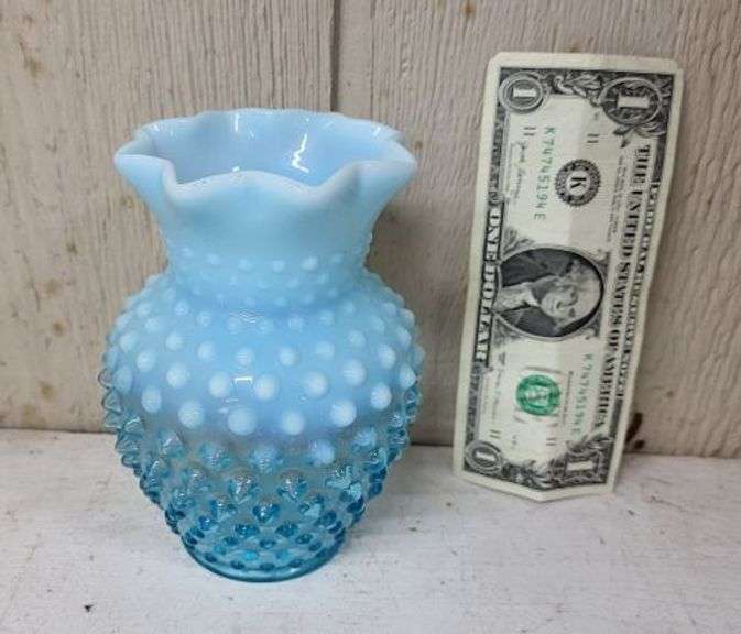 Fenton Blue Hobnail Glass Vase. ~ cash only ~ .  (1A)