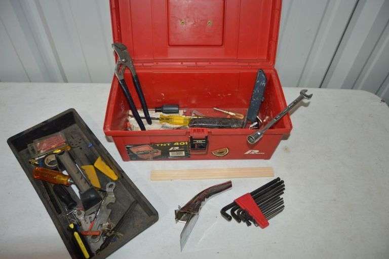 TOOL BOX WITH MISCELLANEOUS TOOLS. THE LATCH WON'T STAY LOCKED