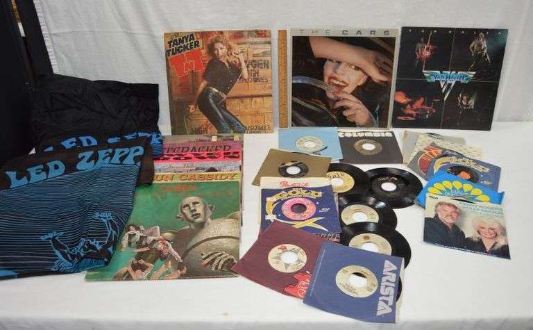 LOT OF ASSORTED GENRE RECORDS & LED ZEPPELIN CLOTHS