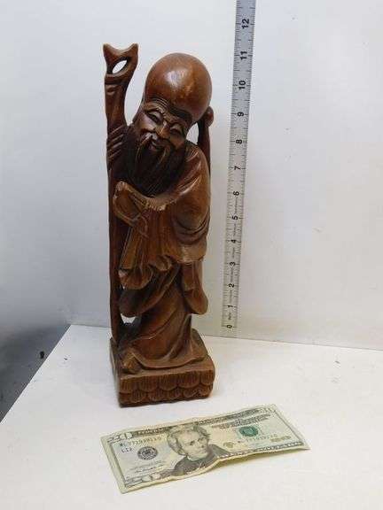 Wood Carved Vintage Chinese Shou-Lao The God of Longevity Statue