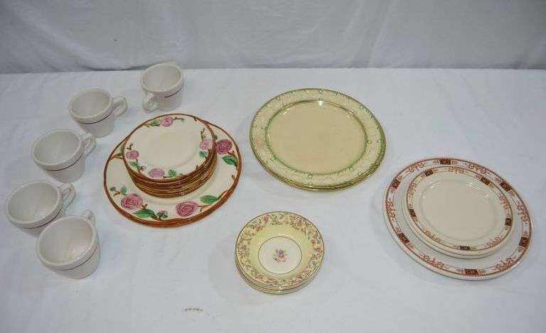 MID-CENTURY MODERN CAMELLIA DINNER, DESSERT, BREAD PLATES, SYRACUSE CHINA USA RESTAURANT WARE COFFEE CUPS, TAYLOR SMITH & TAYLOR FRUIT/DESSERT BOWLS