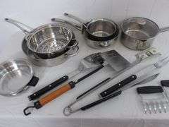 Nice Lot of Assorted Kitchen/Grilling Utensils AND Assorted Stainless Steel Pots & Pans! (7D)
