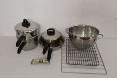 Lot of RevereWare Stainless Steel Pots & Pan AND Nice Stainless Steel Collander, Cooling Racks! (7D)