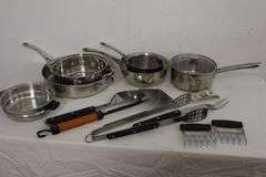 Nice Lot of Assorted Kitchen/Grilling Utensils AND Assorted Stainless Steel Pots & Pans! (7D)