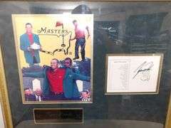 Neat Large Golf History Shadow Box AND Tiger Woods Masters Commemorative Plaque w/Autograph Score Card! (16B)
