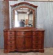 Beautiful Solid Wood Dresser w/Mirror! Some light scratching/wear on top, as shown. Good condition otherwise! 70x19x40 (RD)