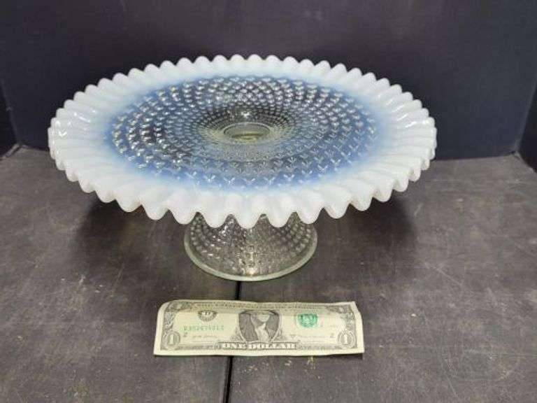 Fenton Moonstone Crimped Edge Glass Cake Stand. ~ cash only~. (1A)