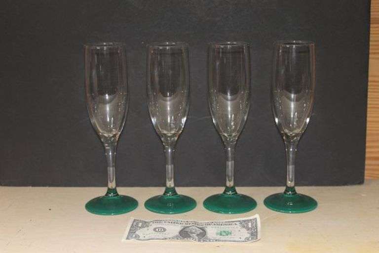 Avon White Champagne Flutes with Green Foot.