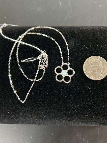 925 Sterling Silver 18"+ Chain Larimar Turquoise Accent Flower-NEW(FC)