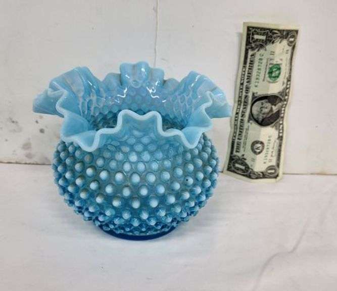 Fenton Blue Crimped Rim Pot Belly Vase. ~ cash only~. (1A)