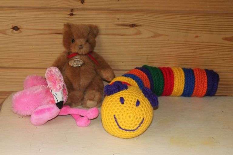 Super Cute Crochet Worm, Gund Bear and Flamingo with Heart.