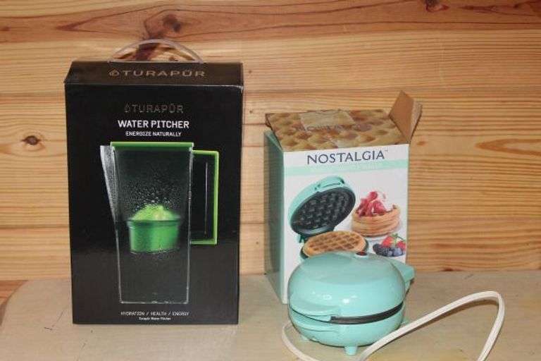 Turapur Hydrogen Water Filter Pitcher-NIB and Nostalgia Teal Mini Waffle Maker.