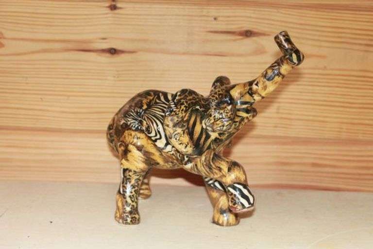 La Vie Elephant Figurine with Safari Animal Print Patchwork Design.