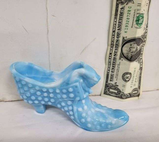 Fenton Blue Slag Glass Shoe. ~ cash only~. (1A)